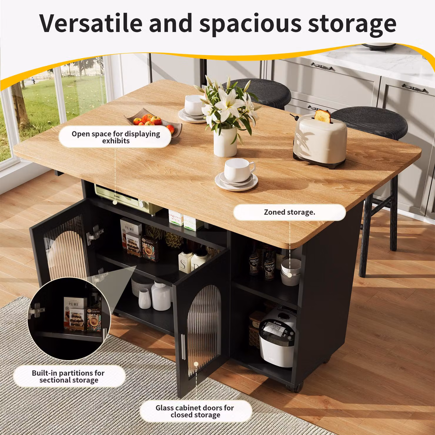 Aosom UK Multifunctional Mobile Kitchen Island with Folding Dining Tops and Storage, Black, W/D/H: 120 x 30-70 x 79.5 cm – 4