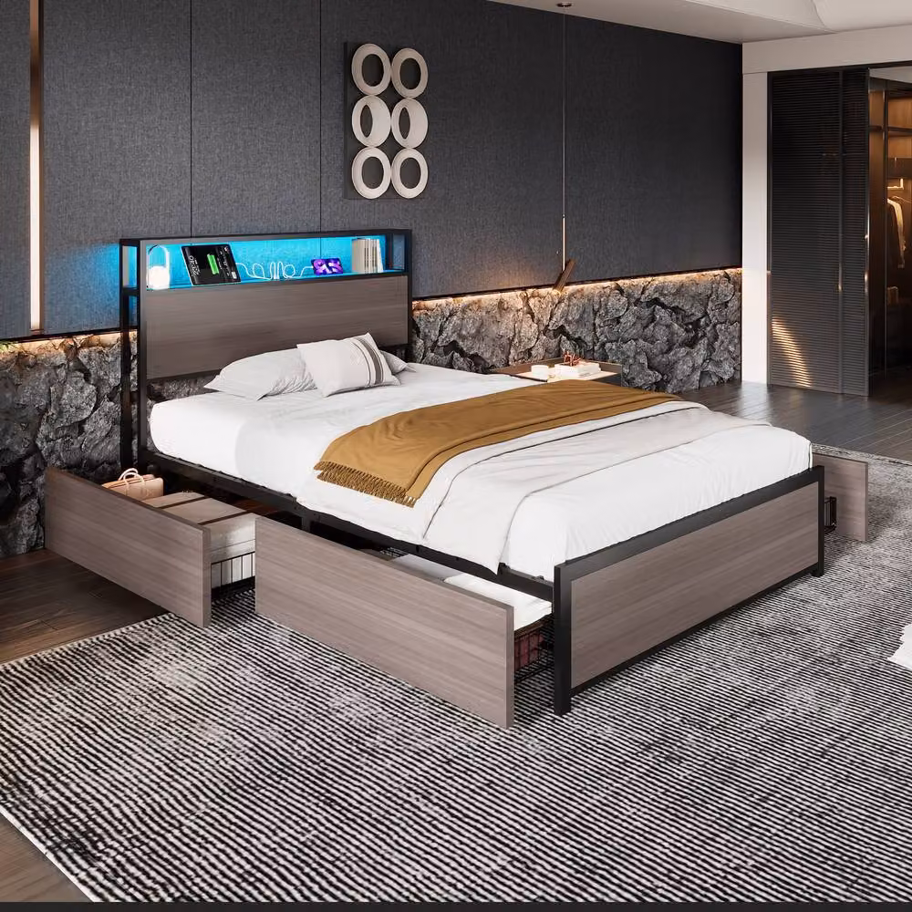 Merax Single Industrial Metal Bed with LED Headboard, USB Charging Port and 4 Drawers in Grey and Black, W/D/H: 90 x 190 x 105 cm – 2