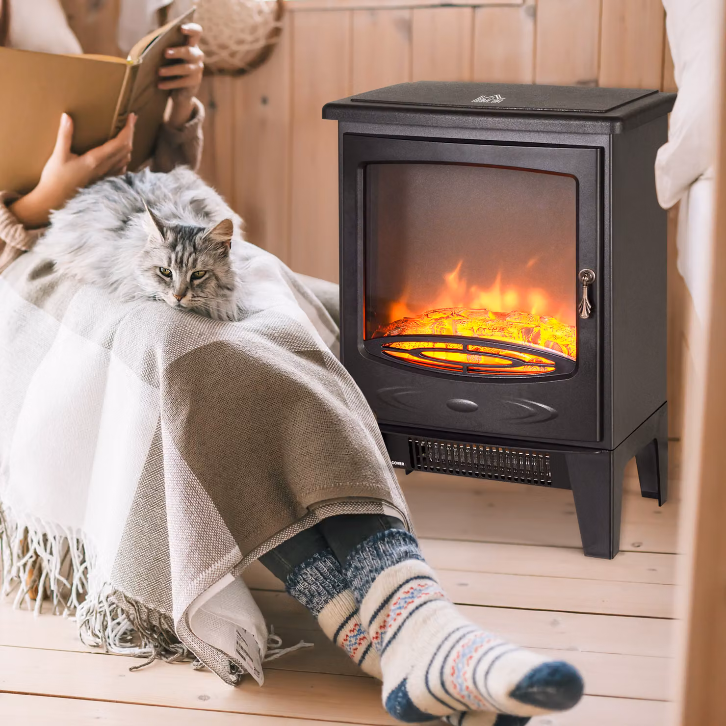 HOMCOM Electric Freestanding Fireplace Heater with Artificial Flame Effect and Safety Thermostat, Black Tempered Glass – 2