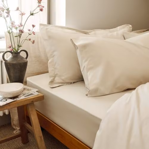 Christy Organic Cotton Percale Single Fitted Sheet in Beige, W/D/H: 90 x 190 cm
