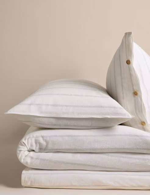 M&S Blue and White Striped Jacquard Linen Rich Bedding Set, W: 140 cm, L: 200 cm