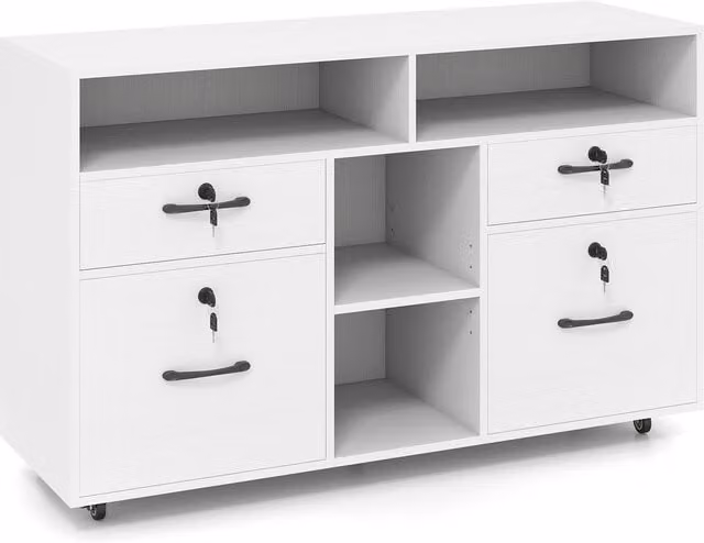 COSTWAY Modern Mobile Lateral Filing Cabinet in Matt White