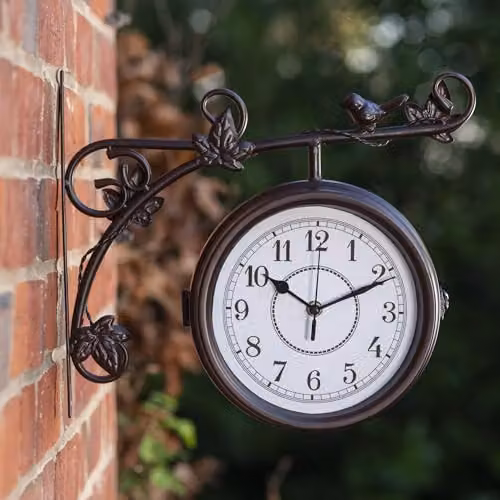 Garden Gear Aldbury Double-Sided Victorian Station Style Outdoor Wall Clock in Mahogany Brown Powder-Coated Steel with Bird and Leaf Details – 3
