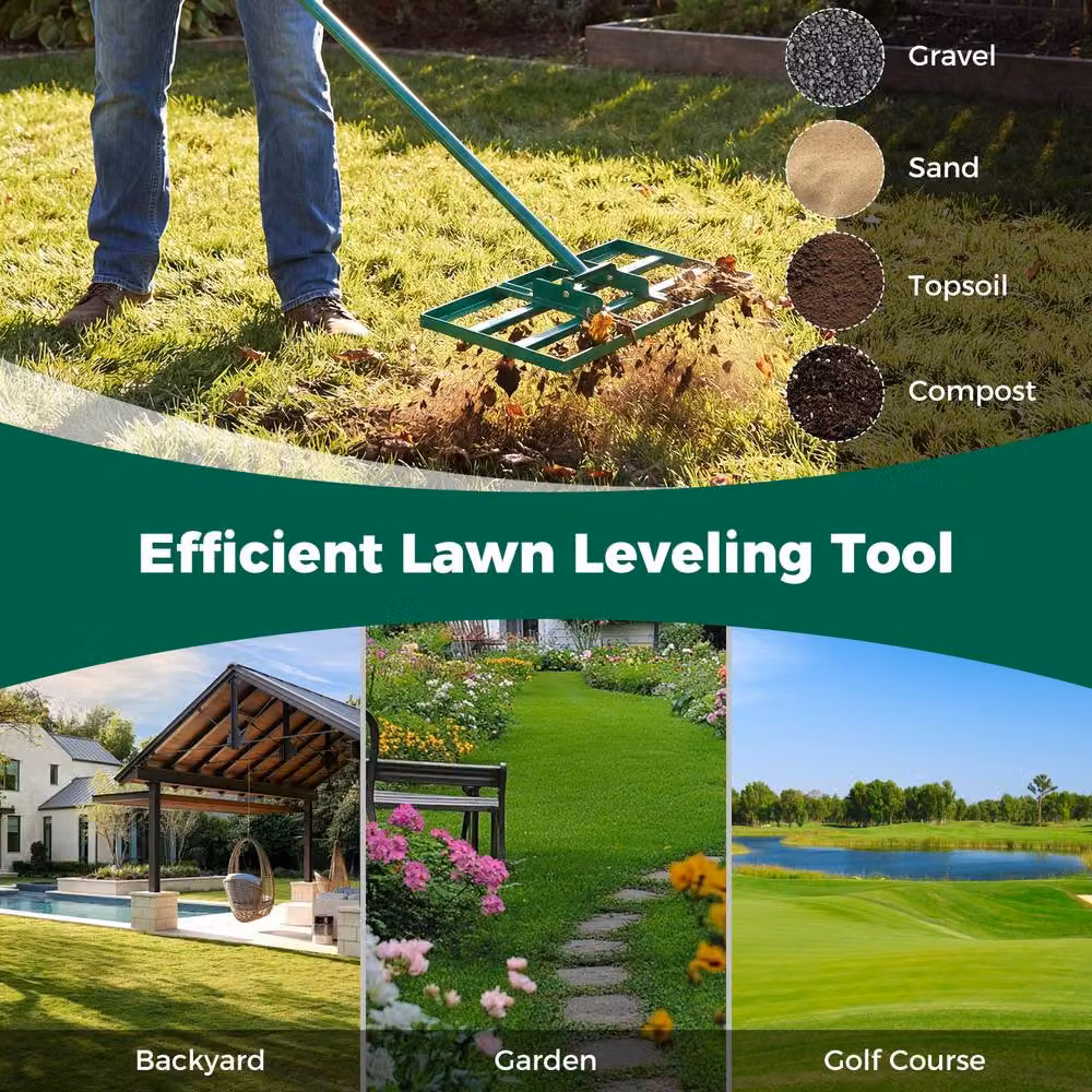 Costway Heavy-Duty Metal Lawn Leveling Rake with Adjustable Handle in Green – 6
