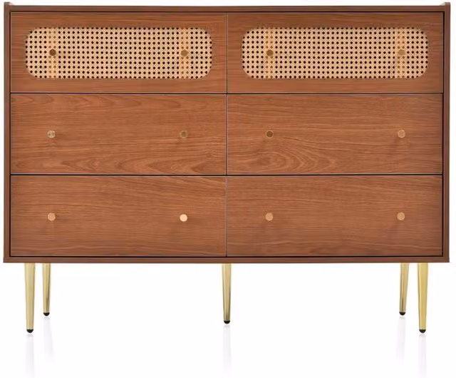 Chilli Seating Mid-Century Rattan Sideboard Storage Cabinet in Brown Walnut