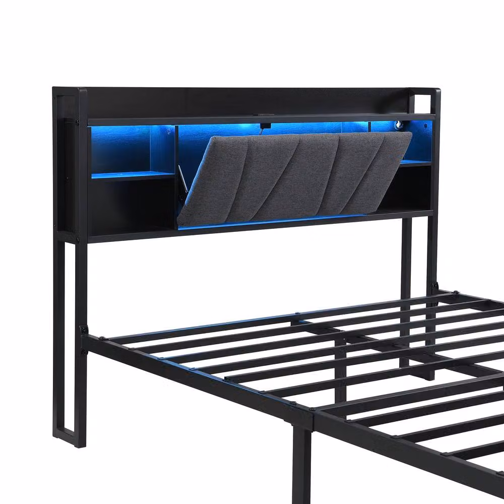 BTM Black Metal Bed with LED Lighting, USB Charging Ports and Storage Drawers, 140 x 200 cm – 6
