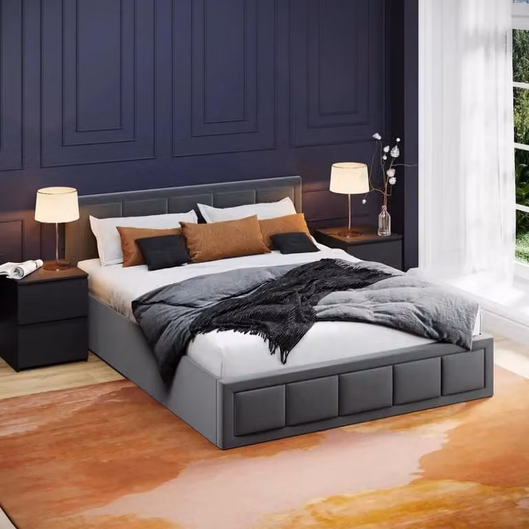 Vanita King Size Upholstered Fabric Ottoman Bed in Dark Grey with Hydraulic Lift Mechanism, W/D/H: 180 x 200 x 161 cm