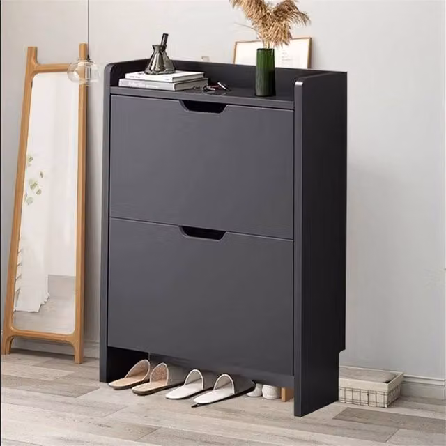 SPETLEK 2 Drawer Wooden Shoe Storage Cabinet Organiser in Black