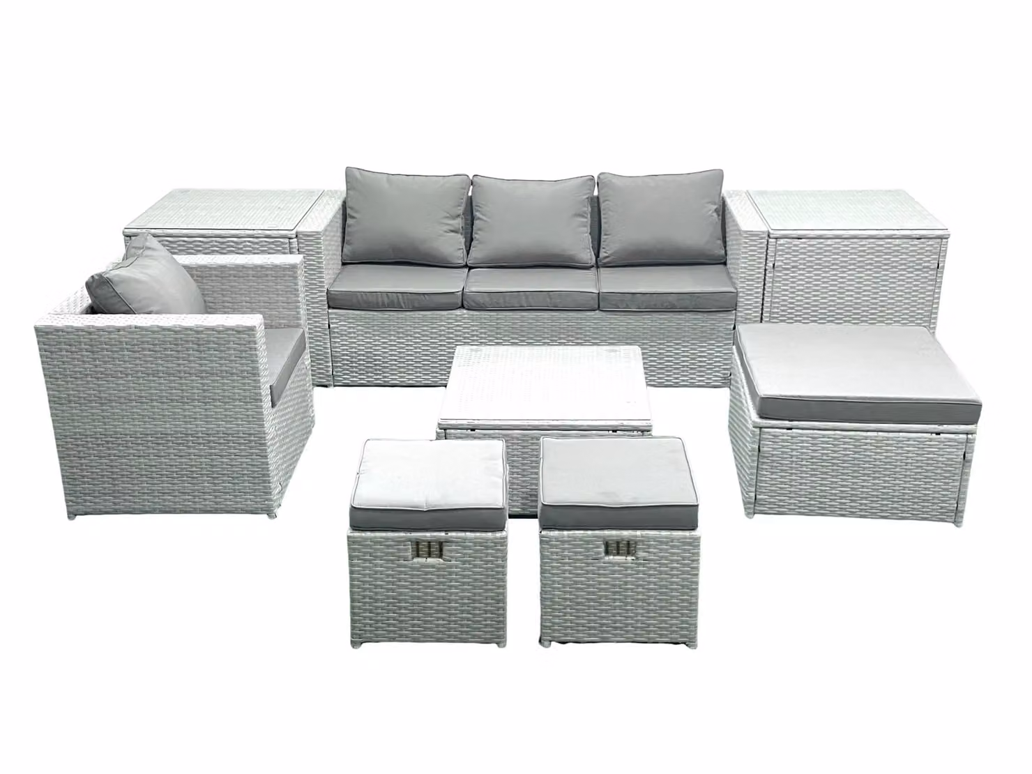 Fimous Garden 7 Seater Rattan Outdoor Furniture Set in Light Grey with Upholstered Cushions, Armchair, Ottoman and Coffee Table – 2