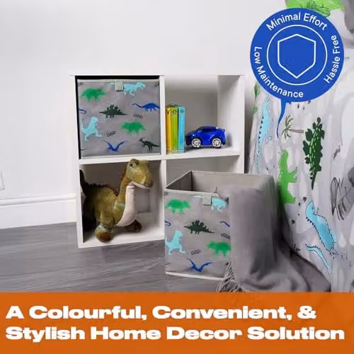 OHS Pack of 2 Dinosaur Print Foldable Cube Storage Boxes for Children, Grey, Green and Blue, W/D/H: 27.0 x 27.0 x 27.0 cm – 2