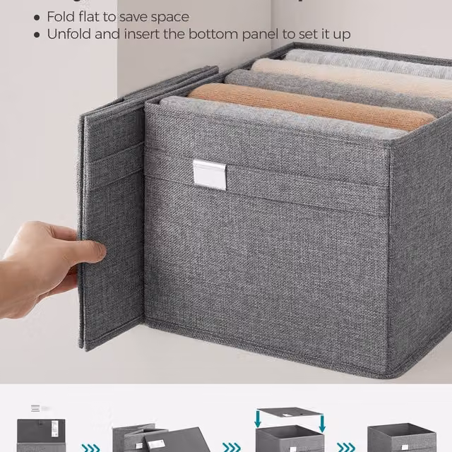 SONGMICS Set of 4 Grey Fabric Wardrobe Storage Baskets with Handles and Label Holders