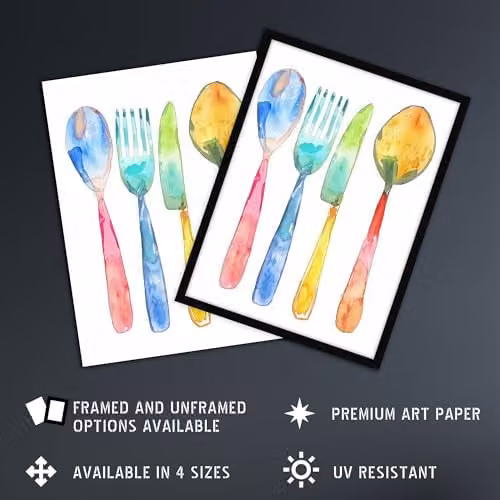 Artery8 Watercolour Cutlery Kitchen Wall Art Poster Print, Multicolour, W/H: 46 x 61 cm – 2