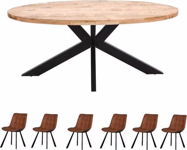 IH Design Merlin Oval Mango Wood Dining Table Set with 6 Chairs, Brown