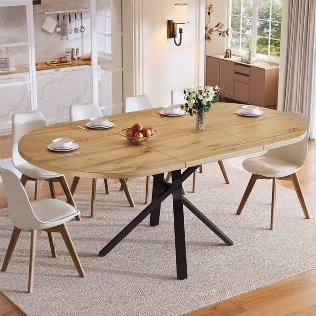 Merax Modern Extending Dining Table, Round to Oval, Natural MDF and Metal Frame, W/D/H: 100 x 100 x 75.5 cm (Extends to 140 cm)