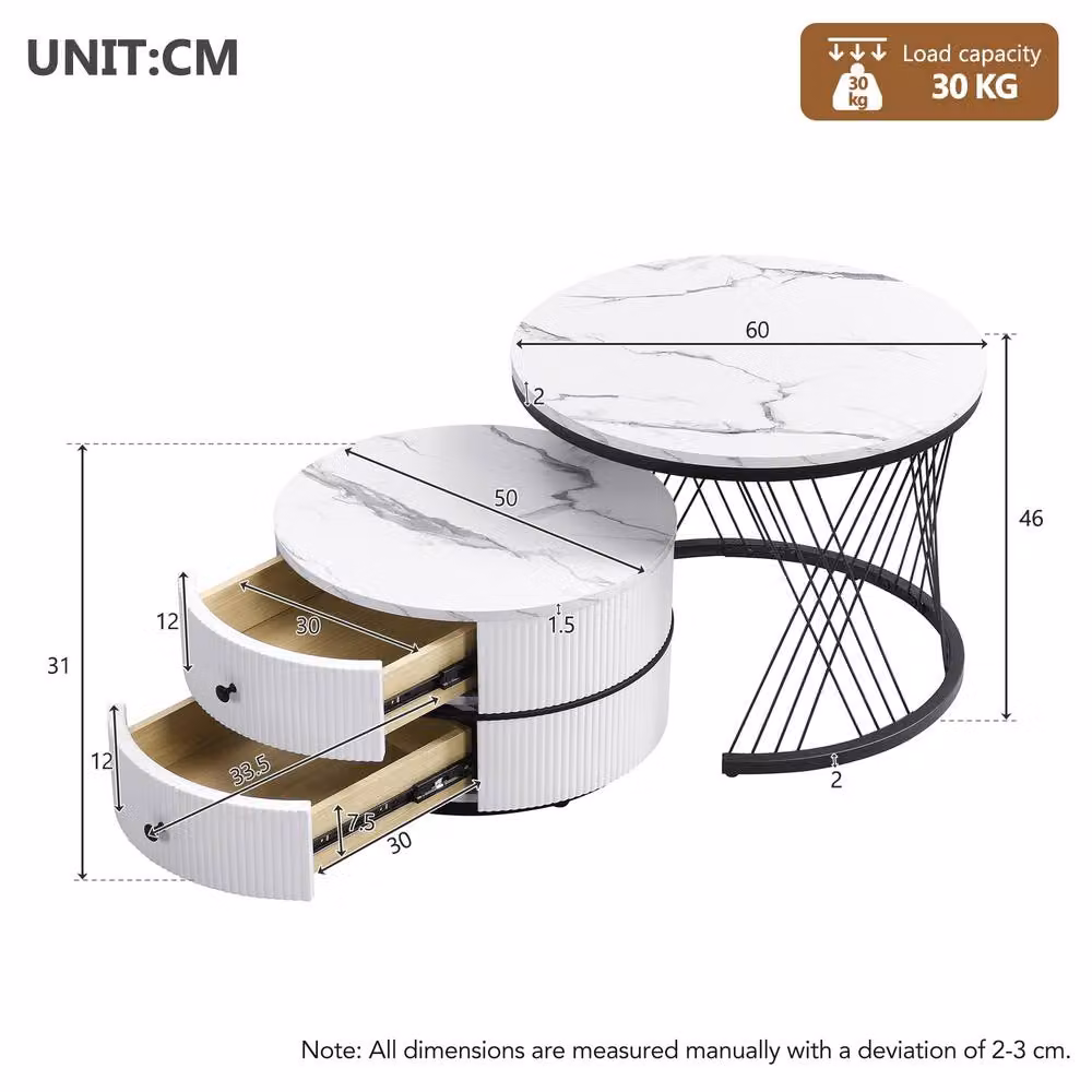 Matteo White and Gold High Gloss Round Nesting Coffee Table with Drawers – 2