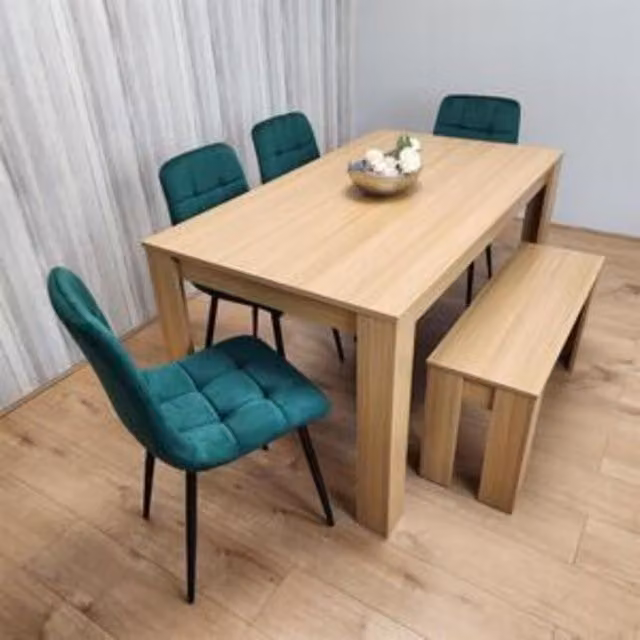 KOSY KOALA 6 Seater Modern Dining Table Set with 4 Green Velvet Chairs and Bench in Brown and Green