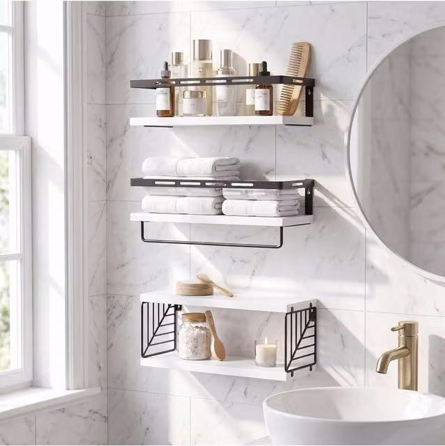 Living and Home Wall-Mounted Floating Shelves Storage Organiser with Hanging Rod in White and Black
