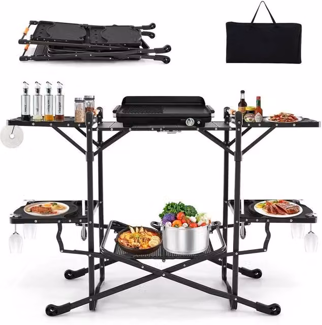 KORVIXA Black Folding Outdoor Camping Kitchen Table and Cooking Station, W/D/H: 100 x 54 x 88 cm