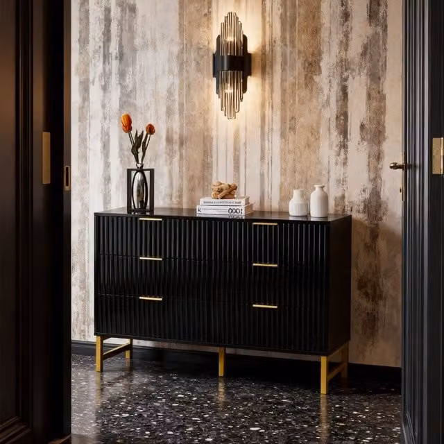 Furniture One Art Deco Fluted Chest of Drawers in Black and Gold