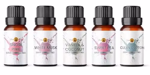 Aroma Energy Fragrance Oil Set for Candle Making, Diffusers and Soaps, 5 x 10ml (Snow Pixie, White Musk, Vanilla & Coconut, Clean Cotton, Sweet Pea)