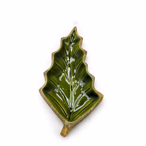 Serenityy Lost in the Forest Enamel Leaf Wooden Bowl in Emerald Green, W: 33 cm, D: 17 cm, H: 17 cm