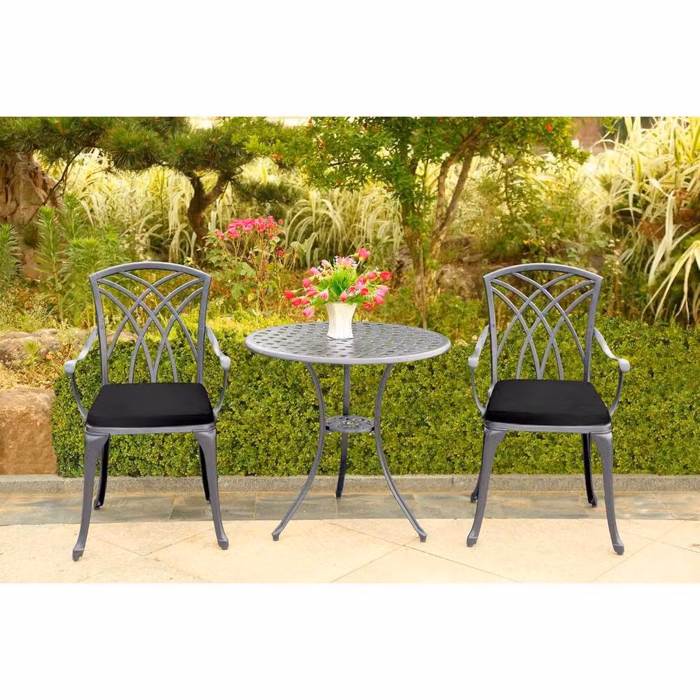 Centurion Supports OSHOWA Cast Aluminium Garden Bistro Set with Table and 2 Armchairs in Grey with Black Cushions – 2