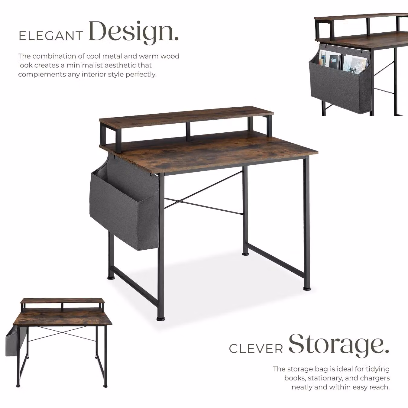 tectake Industrial Computer Desk with Shelving and Fabric Storage Bag in Brown and Black, W: 120 cm, D: 60 cm – 3