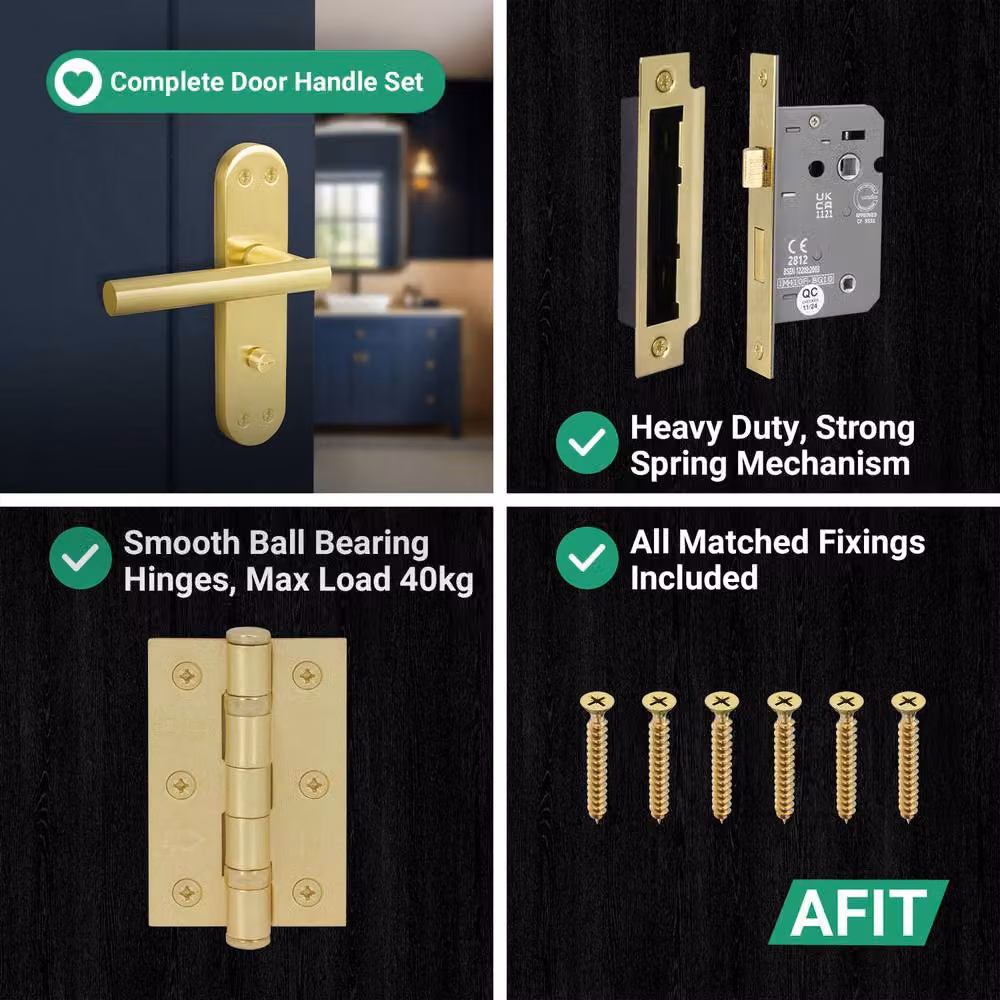 AFIT T-Bar Satin Brass Bathroom Backplate Lock and 64mm Hinges Set in Gold, 150 x 150 mm – 2