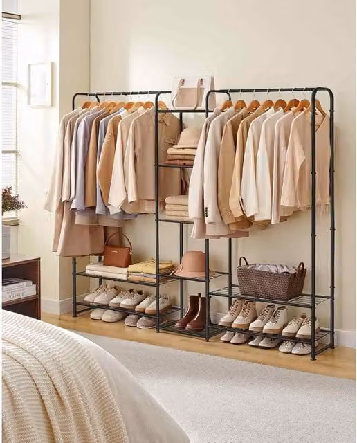 The Bazaarist Matt Black Metal Freestanding Clothes Rack with Hanging Rail and Storage Shelves
