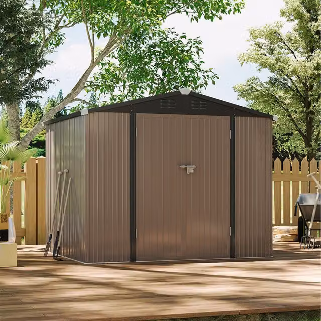 Livingandhome Lockable Brown Galvanised Steel Gable Garden Shed with Sliding Doors