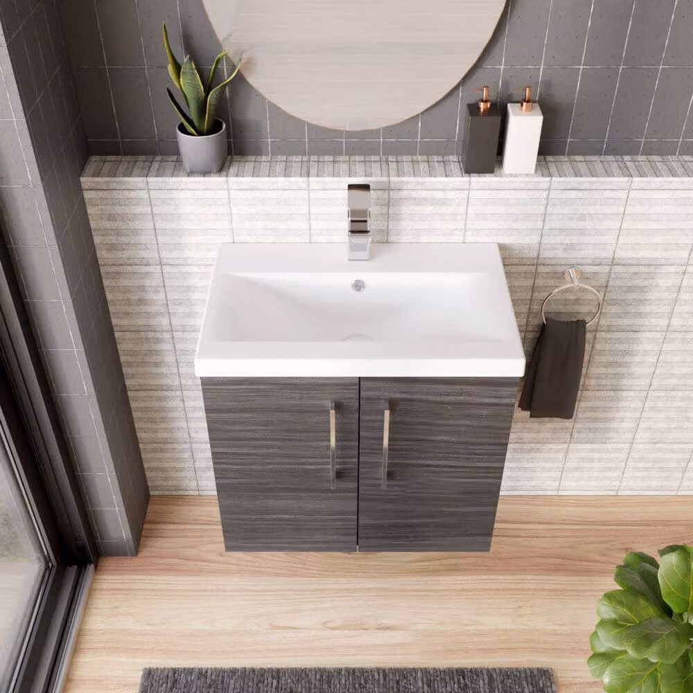 Balterley Contemporary Wall Hung Bathroom Vanity Unit with Mid-Edge Ceramic Basin, Anthracite Woodgrain Grey, W: 60 cm, D: 39 cm, H: 57.9 cm – 3