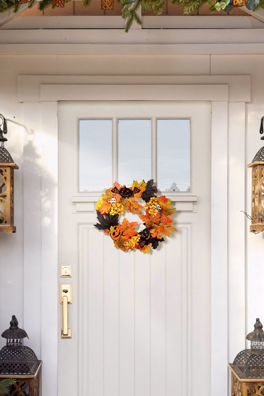 H&O Direct Orange Halloween Wreath with Maple Leaves, Berries and LED Lights, Diameter: 35 cm – 2