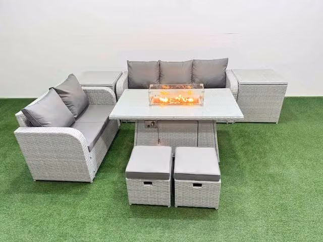 Fimous 7 Seater Grey PE Rattan Wicker Garden Furniture Set with Firepit Dining Table, 3 Seater Sofa, Love Seat, 2 Stools and 2 Side Tables