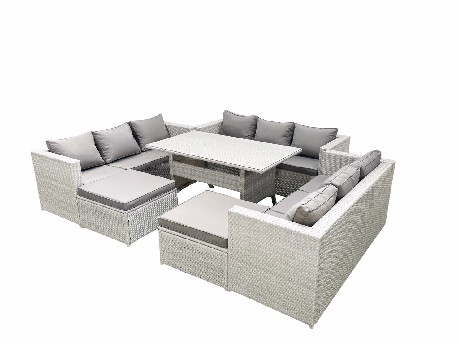 Fimous 11 Seater Rattan Garden Furniture Set with Rectangular Dining Table and 2 Large Footstools in Light Grey – 2
