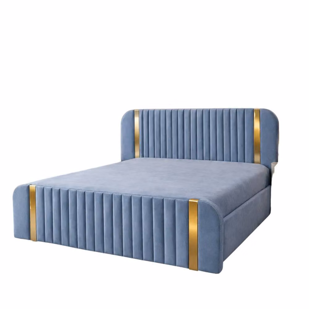 Stratus Interiors Aura Rounded Panel Bed Frame in Blue Velvet with Gold Accents, King Size – 2