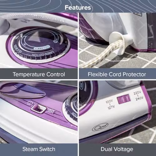 Quest 34030 1000W Travel Steam Iron with Collapsible Ergonomic Handle, Non-Stick Soleplate and 50ml Water Tank in Purple and White – 3