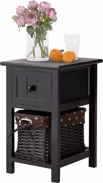 Costway Modern Black Nightstand Side Table with Wood and Rattan Wicker Basket