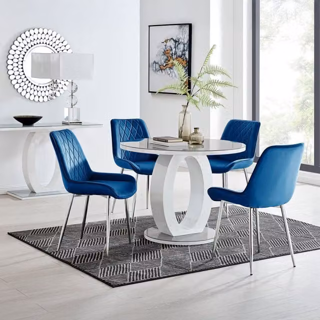 FurnitureboxUK Giovani Round 100cm Grey Glass Top Dining Table and 4 Navy Blue Velvet Pesaro Chairs with Silver Legs