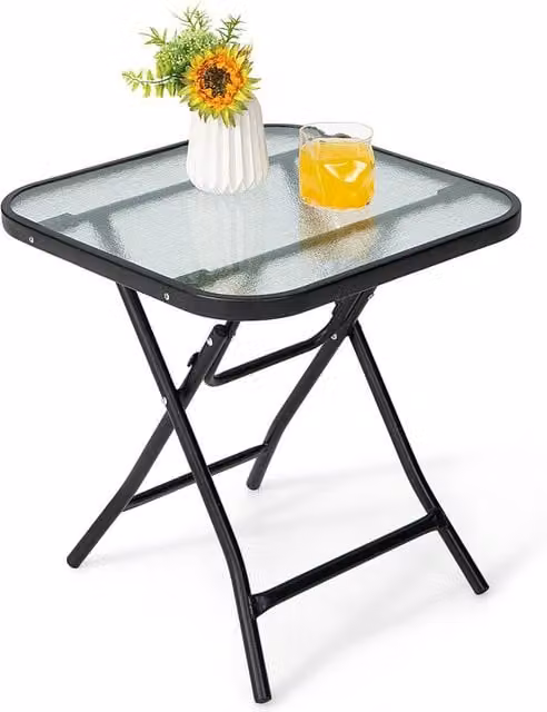 Costway Folding Square Patio Bistro Table with Black Tempered Glass Tabletop