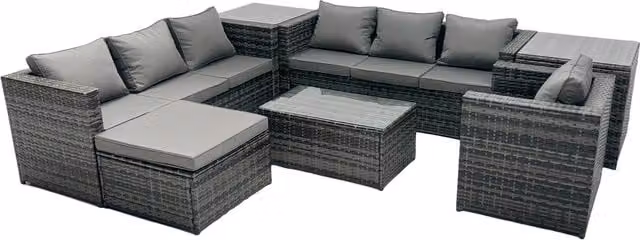 Fimous 8-Seater Patio Coffee Table Sofa Set with Large Stool and 2 Side Tables in Dark Grey