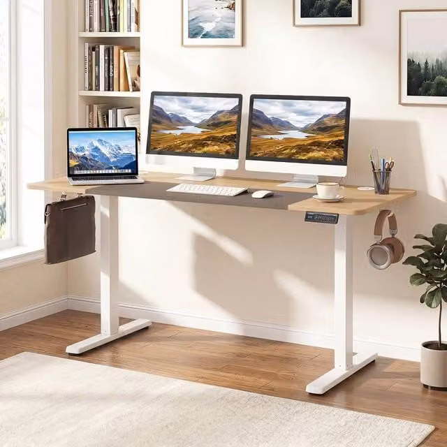 KORVIXA Natural Brown Height Adjustable Electric Sit Stand Gaming and Office Desk W/D/H: 140 x 60 cm