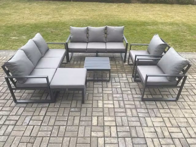 Fimous Modern Powder Coated Aluminium Outdoor Lounge Sofa Set in Dark Grey with Coffee Table, 2 Armchairs and Ottoman