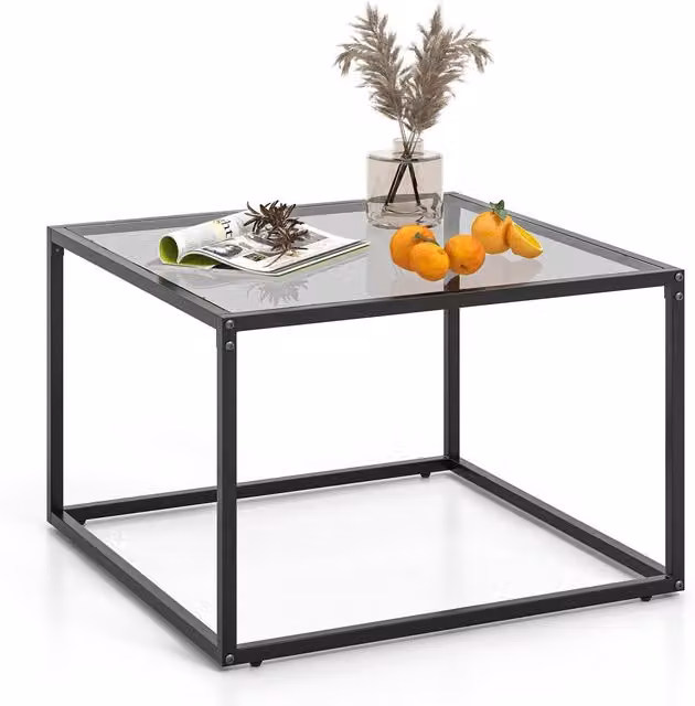 COSTWAY Modern Square Tempered Glass Sofa Side Table in Grey and Black