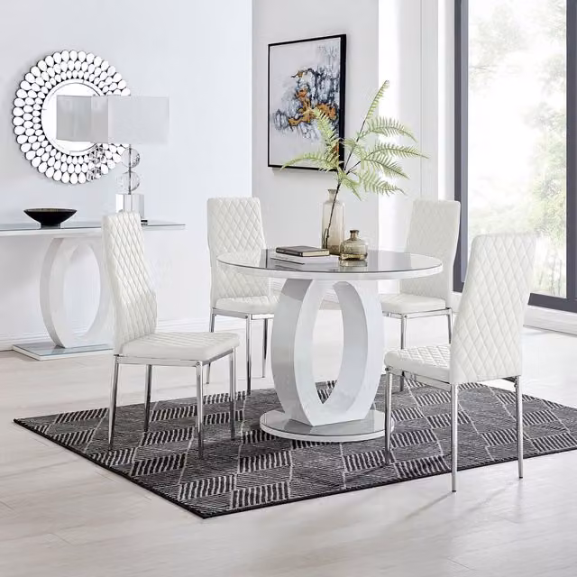 FurnitureboxUK Giovani Round Grey Dining Table and 4 Milan Chairs Set, Diameter: 120 cm, White