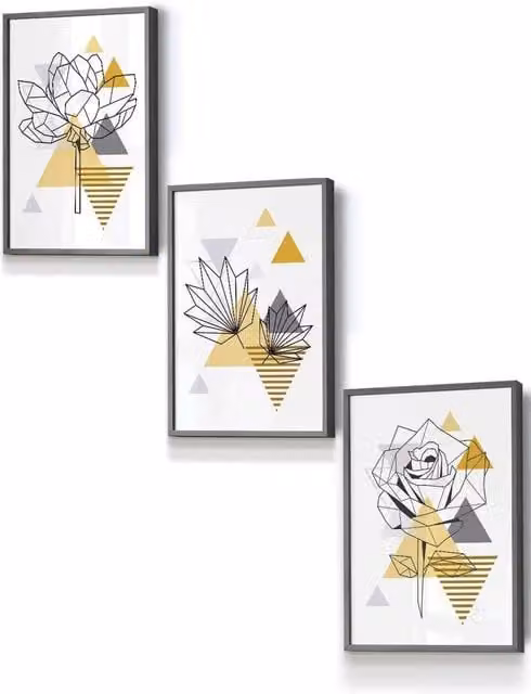ARTZE Boho Geometric Botanical Abstract Framed Wall Art in Yellow, Grey and Black, W: 33 cm, H: 45 cm, D: 0.2 cm