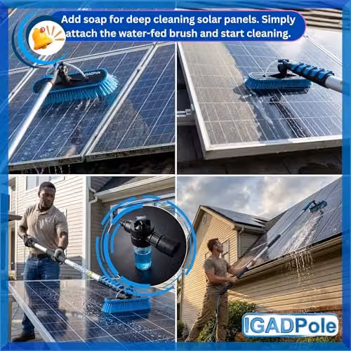 IGAD 28ft Telescopic Water-Fed Window Cleaning Pole Kit in Blue with Brush, Squeegee, Cobweb Duster and Soap Dispenser for Solar Panels, Conservatories, Gutters and High Windows – 5