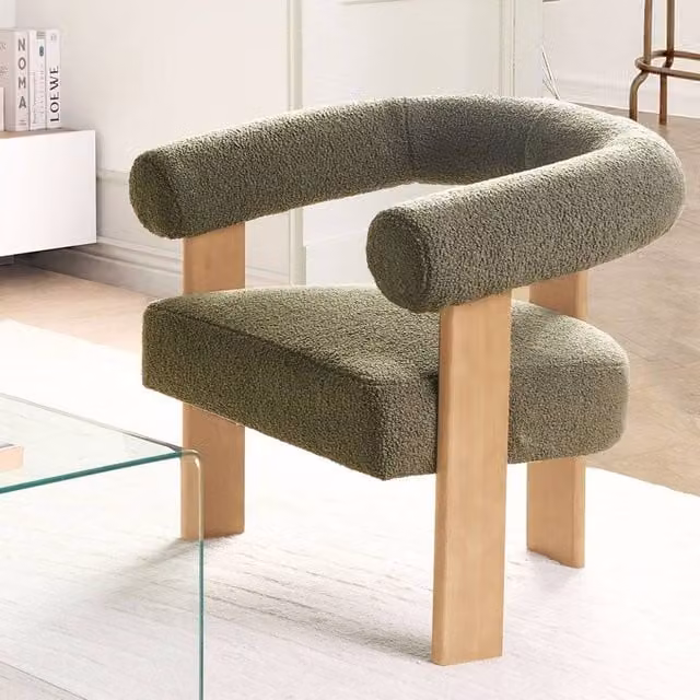 Wyld and Coco Retro Bouclé Tub Armchair in Green and Brown with Rubberwood Legs – 1