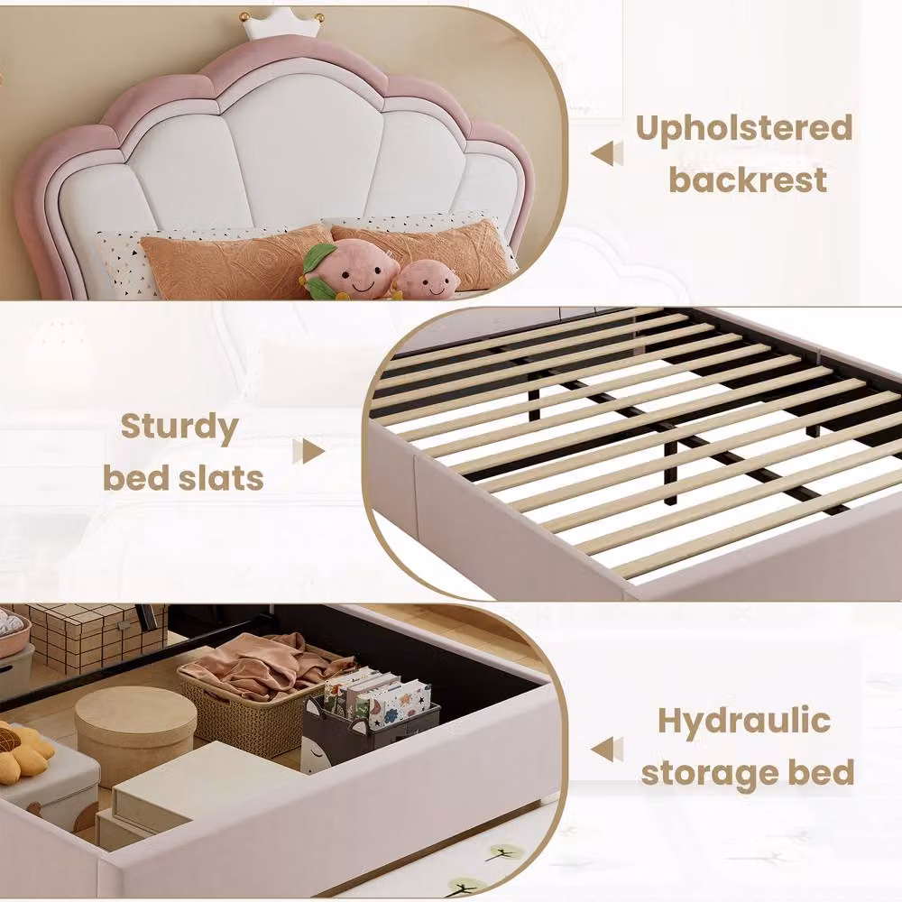 Merax Pink Velvet Double Ottoman Storage Bed with Crown Headboard, W/D/H: 140 x 200 x 153 cm – 3