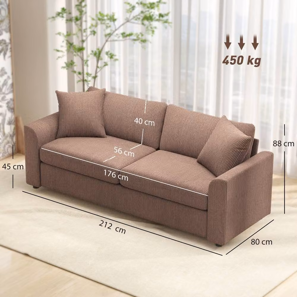 HOMCOM 3 Seater Upholstered Jumbo Cord Sofa in Brown, Width: 212 cm – 3