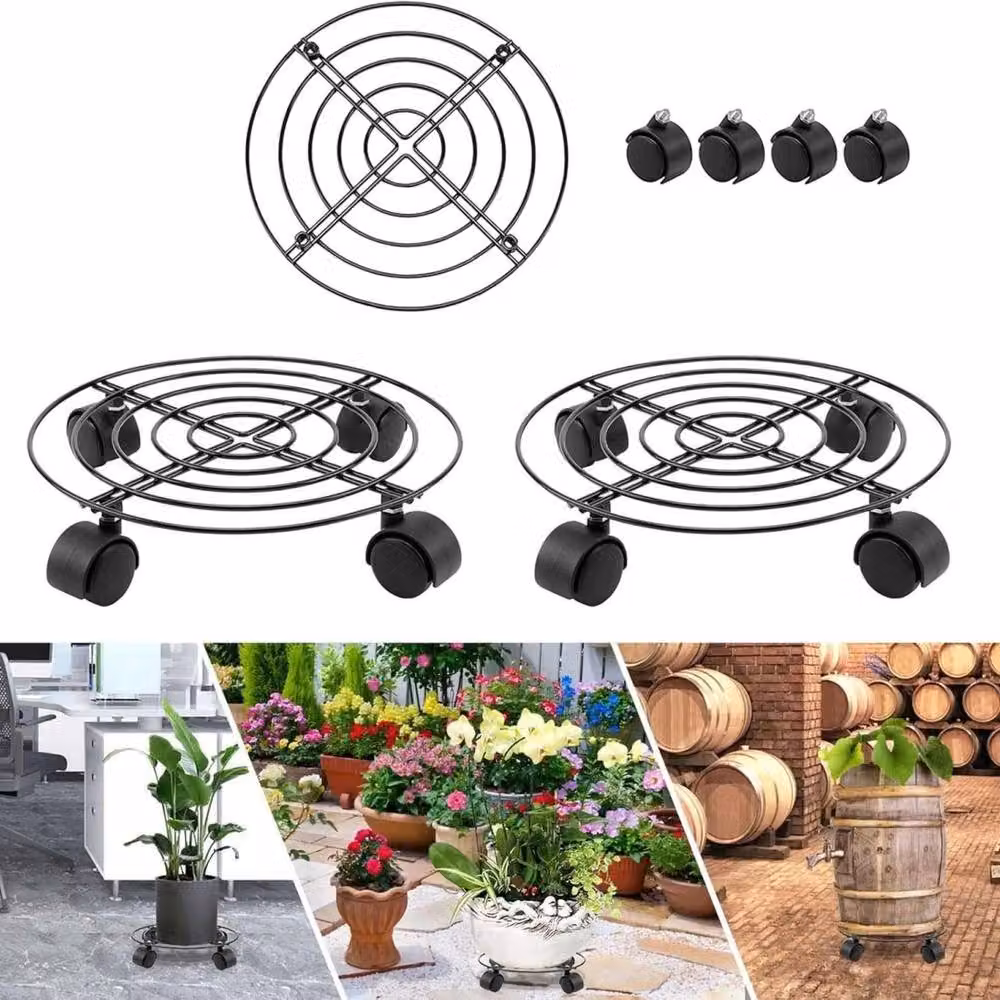 Kelvenix Heavy Duty Metal Plant Caddy with Wheels, 27 cm Round Potted Trolley, Black – 4